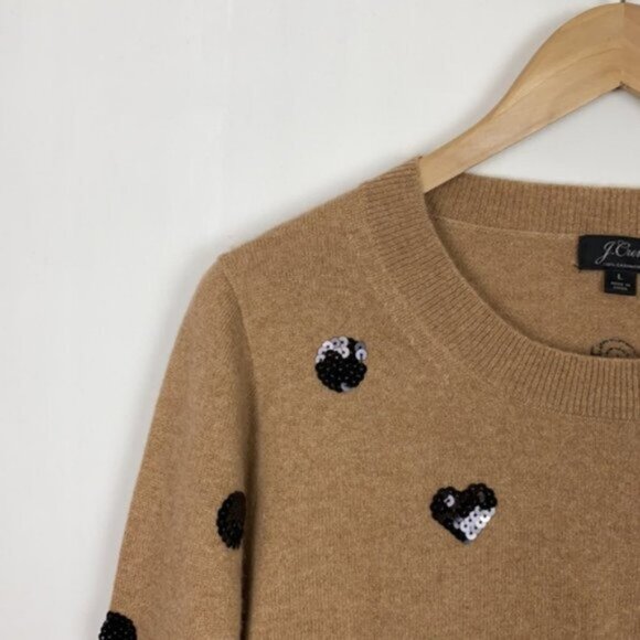 J.Crew L Cashmere Sweater Beige Black Sequins Polka Dots - Picture 4 of 15